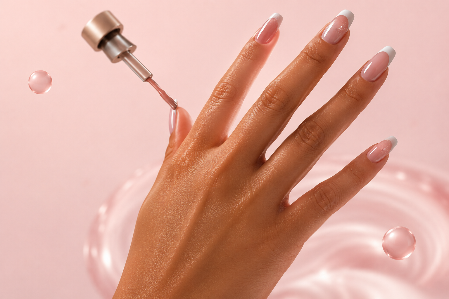 Hånd med french-manicure får påført neglelak hos Diamond Nails by CH